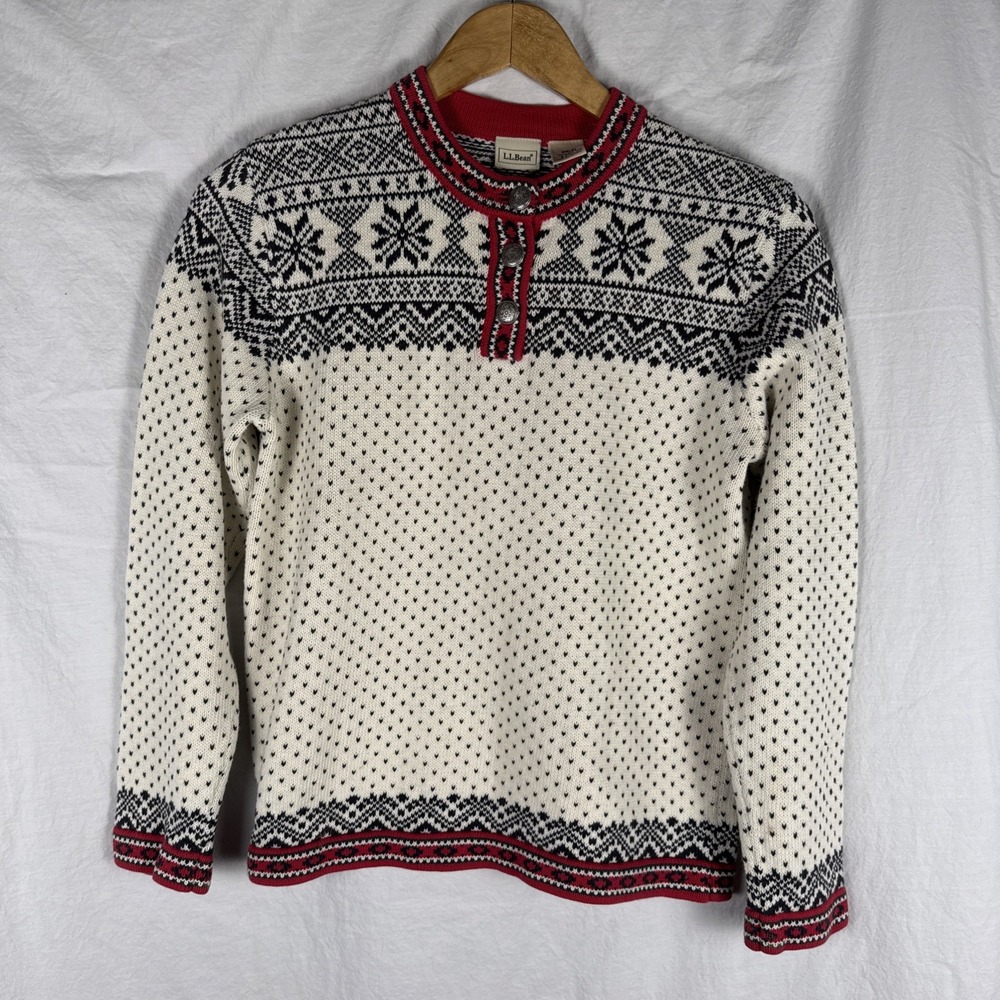 LL Bean Girls 14-16 Cotton Fair Isle Snowflake Henley Sweater Navy Red White